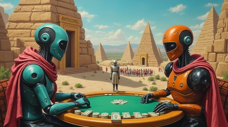 Surrealistyczny pejzaż Doliny Krzemowej: serwerownie-zigguraty, AI gra w pokera, Anthropic strzeżone, OpenAI oblężone.