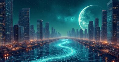 Futurystyczne miasto serwerów z Art Deco, nocne konstelacje, rzeka danych. AWS dąży do technologicznej dominacji.