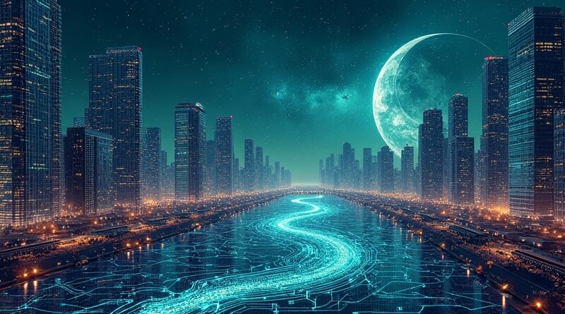 Futurystyczne miasto serwerów z Art Deco, nocne konstelacje, rzeka danych. AWS dąży do technologicznej dominacji.