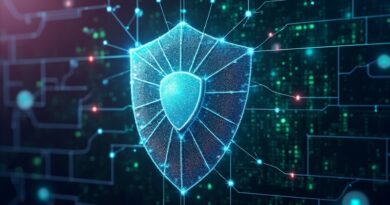 Futurystyczna sieć AI chroniona tarczą, symbolizująca walkę z cyberzagrożeniami i bezpieczeństwo systemów.