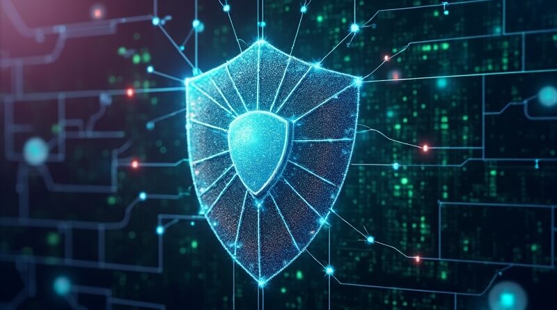 Futurystyczna sieć AI chroniona tarczą, symbolizująca walkę z cyberzagrożeniami i bezpieczeństwo systemów.