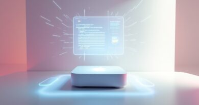 Minimalistyczne stanowisko pracy z Mac Mini, iPadem i kodem wizualizującym działanie agenta AI.