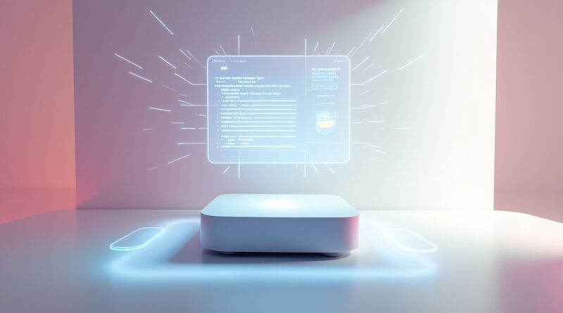 Minimalistyczne stanowisko pracy z Mac Mini, iPadem i kodem wizualizującym działanie agenta AI.