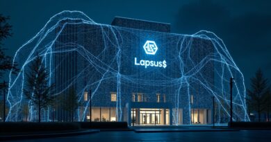 Cybernetyczna sieć oplata biurowiec Mercor nocą; strumienie danych i logo Lapsus$ symbolizują atak.