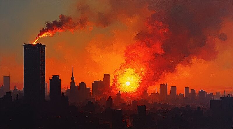 Sylwetka budynku na tle San Francisco. Koktajl Mołotowa leci w stronę budynku, zatrzymany przez tarczę.