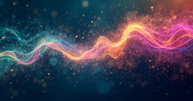 Abstrakcyjna wizualizacja danych przechodząca w sztukę, z elementami kollaboracji i nowoczesną paletą barw.