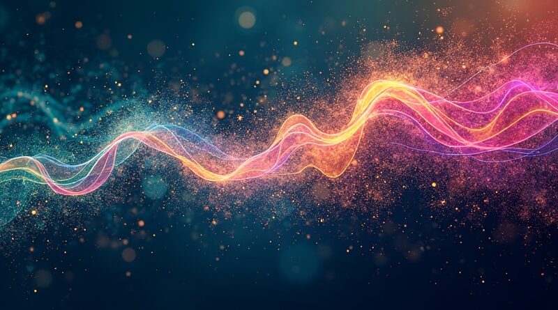 Abstrakcyjna wizualizacja danych przechodząca w sztukę, z elementami kollaboracji i nowoczesną paletą barw.