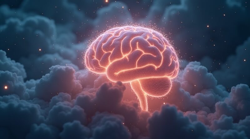 Świecąca, atomowa sieć neuronowa odrywa się od chmury, symbolizując lokalne przetwarzanie AI.