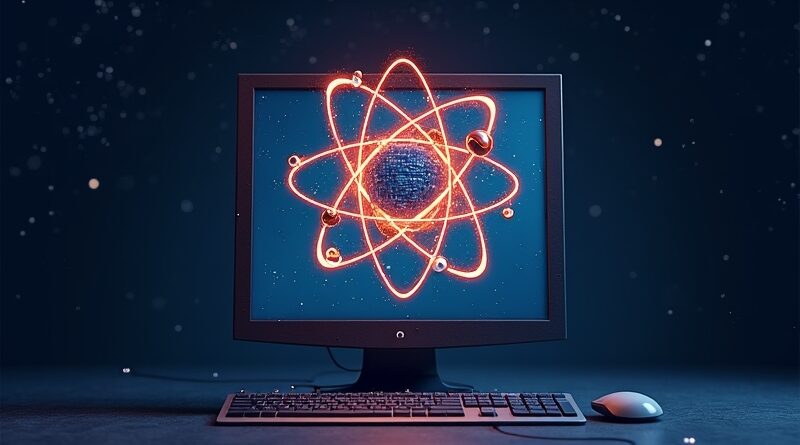 Świecący atom z obwodów i kabli nad komputerem, symbolizujący łatwy dostęp do potężnych agentów AI.
