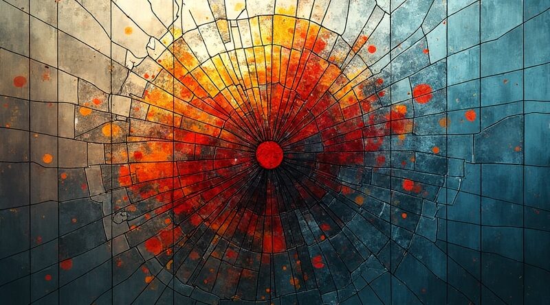 Roztrzaskana wizualizacja danych jak witraż. Chaos, trudność zrozumienia. Kolory stonowane, przebłyski jaśniejszych barw.