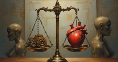 Metafora: waga szalkowa, serce kontra mechanizmy AI, konflikt etyki i komercji OpenAI.