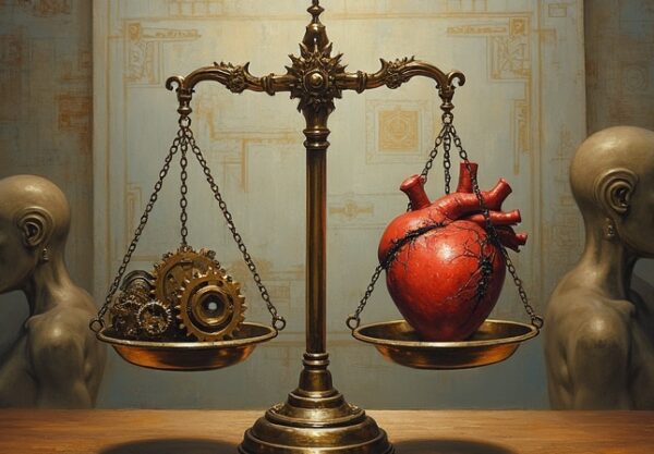 Metafora: waga szalkowa, serce kontra mechanizmy AI, konflikt etyki i komercji OpenAI.