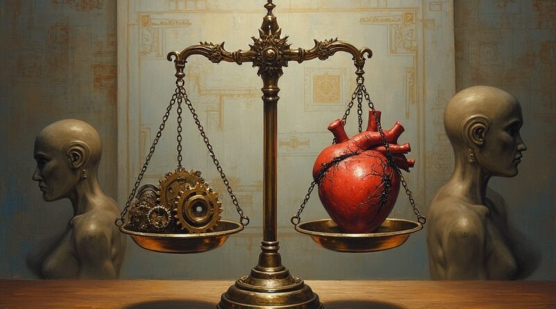 Metafora: waga szalkowa, serce kontra mechanizmy AI, konflikt etyki i komercji OpenAI.