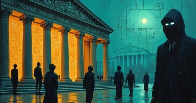 Neoklasyczny bank z obwodami, urzędnicy przy ekranach, mroczne postacie. Dylematy AI, władza, technologia, tajemnica.