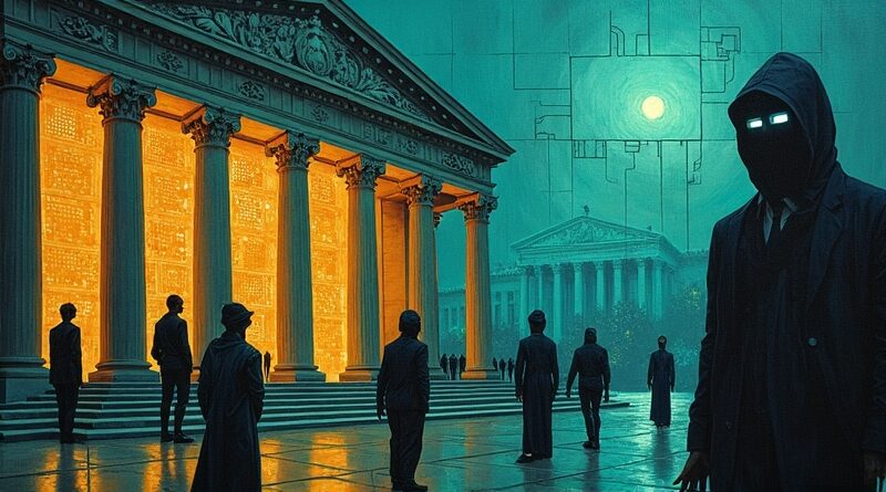 Neoklasyczny bank z obwodami, urzędnicy przy ekranach, mroczne postacie. Dylematy AI, władza, technologia, tajemnica.