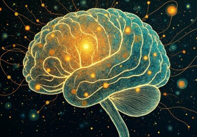 Bioluminescencyjna sieć neuronowa w mózgu, połączenie biologii i technologii w stylu Klimta.