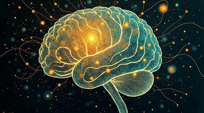 Bioluminescencyjna sieć neuronowa w mózgu, połączenie biologii i technologii w stylu Klimta.