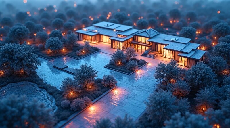 Blueprint architektury krajobrazu z nałożonymi wzorami sieci neuronowej AI, symbolizujący innowacyjne kosztorysowanie budowlane w Bobyard 2.0.