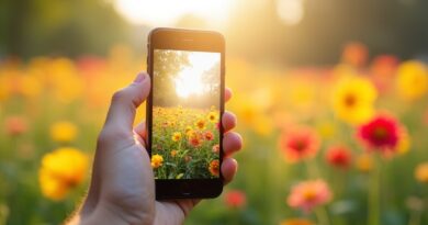 Ręka odsuwa ekran telefonu, zamiast niego ukazuje się ukwiecony, słoneczny ogród.