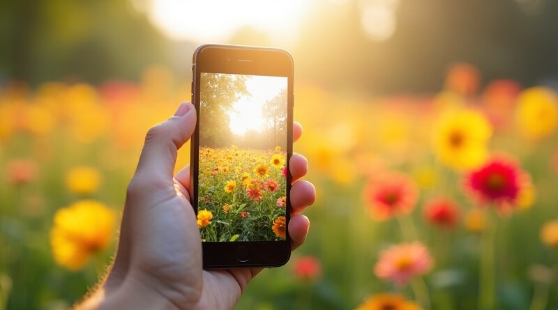 Ręka odsuwa ekran telefonu, zamiast niego ukazuje się ukwiecony, słoneczny ogród.