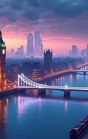 Futurystyczna wizja Londynu: ikoniczne zabytki splecione z sieciami AI, symbol brytyjskiej ofensywy technologicznej.