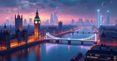 Futurystyczna wizja Londynu: ikoniczne zabytki splecione z sieciami AI, symbol brytyjskiej ofensywy technologicznej.