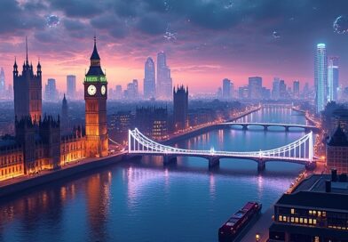 Futurystyczna wizja Londynu: ikoniczne zabytki splecione z sieciami AI, symbol brytyjskiej ofensywy technologicznej.