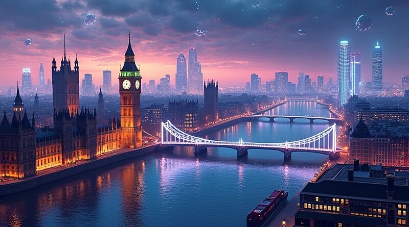 Futurystyczna wizja Londynu: ikoniczne zabytki splecione z sieciami AI, symbol brytyjskiej ofensywy technologicznej.
