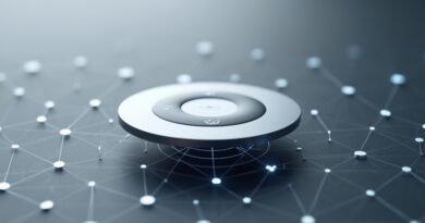 Minimalistyczny, aluminiowy dysk, "Button" od byłych inżynierów Apple, unoszący się nad siecią neuronową.