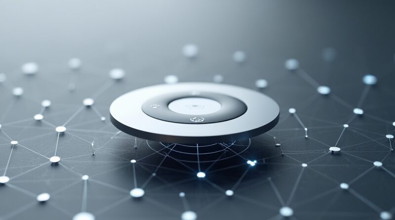 Minimalistyczny, aluminiowy dysk, "Button" od byłych inżynierów Apple, unoszący się nad siecią neuronową.