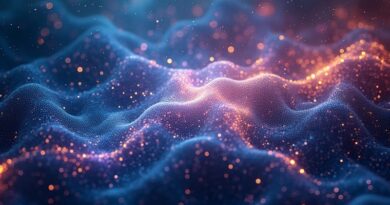 Abstrakcyjna wizualizacja kwantowej sieci obliczeniowej z przenikającymi się węzłami światła i nebuli danych.