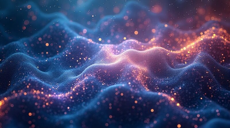 Abstrakcyjna wizualizacja kwantowej sieci obliczeniowej z przenikającymi się węzłami światła i nebuli danych.