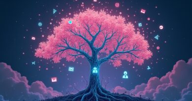 Kwitnące drzewo symbolizujące ekosystem AI Canvy, z korzeniami danych i współpracującymi agentami.