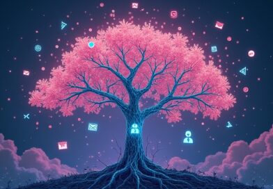 Kwitnące drzewo symbolizujące ekosystem AI Canvy, z korzeniami danych i współpracującymi agentami.