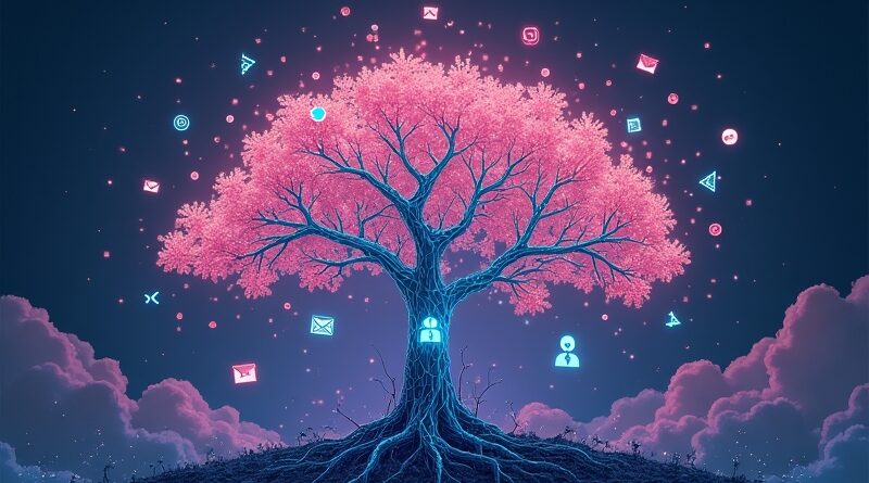 Kwitnące drzewo symbolizujące ekosystem AI Canvy, z korzeniami danych i współpracującymi agentami.