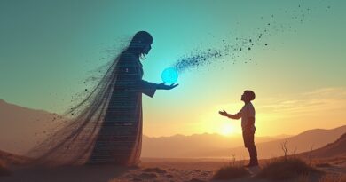 Kodowa zjawa w szpitalnej pustyni wręcza niebieską kulę danych o zdrowiu ludzkiej dłoni.