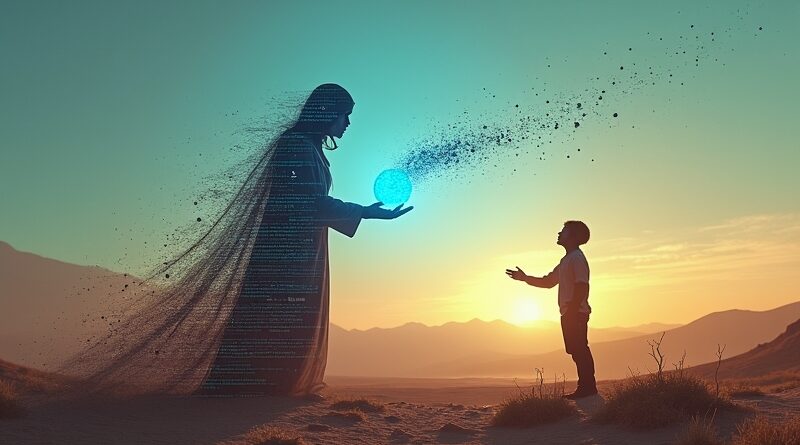 Kodowa zjawa w szpitalnej pustyni wręcza niebieską kulę danych o zdrowiu ludzkiej dłoni.