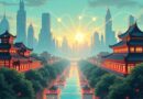 Futurystyczna chińska metropolia AI: tradycja i technologia splecione w cyfrowej symbiozie nowoczesności.