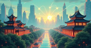 Futurystyczna chińska metropolia AI: tradycja i technologia splecione w cyfrowej symbiozie nowoczesności.