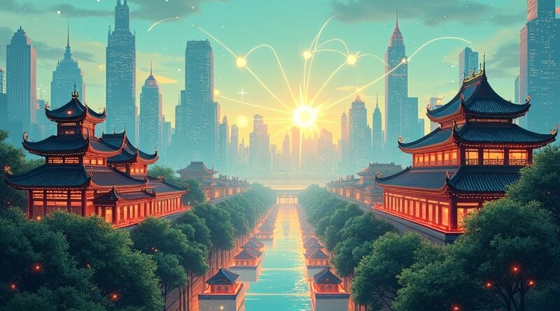 Futurystyczna chińska metropolia AI: tradycja i technologia splecione w cyfrowej symbiozie nowoczesności.
