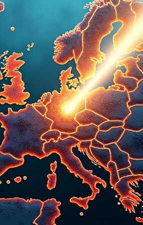 Rozbita mapa Europy z siecią neuronową. Promień światła oświetla Wielką Brytanię z obwodem miasta.