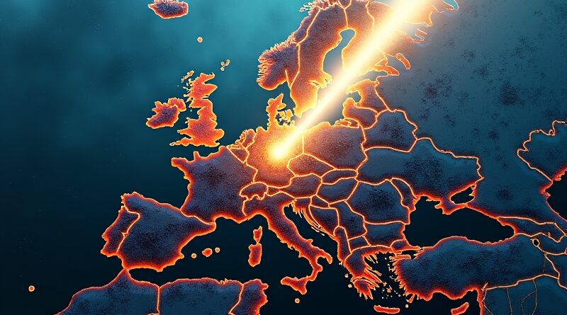 Rozbita mapa Europy z siecią neuronową. Promień światła oświetla Wielką Brytanię z obwodem miasta.