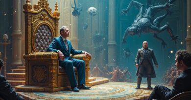 Alegoryczna scena: Claude na tronie z kodu, OpenAI w cieniu, symbolizuje zmianę lidera AI.