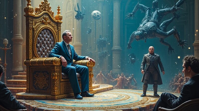 Alegoryczna scena: Claude na tronie z kodu, OpenAI w cieniu, symbolizuje zmianę lidera AI.