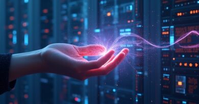 Świetlista dłoń powstrzymuje cyfrowy chaos, symbolizuje przywracanie kontroli nad agentami AI.