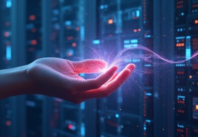 Świetlista dłoń powstrzymuje cyfrowy chaos, symbolizuje przywracanie kontroli nad agentami AI.