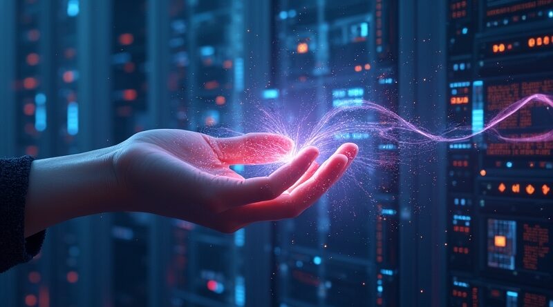 Świetlista dłoń powstrzymuje cyfrowy chaos, symbolizuje przywracanie kontroli nad agentami AI.