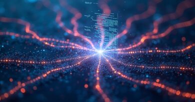 Abstrakcyjna sieć agentów AI w cyfrowym krajobrazie, dążących do centralnego hologramu kodu.