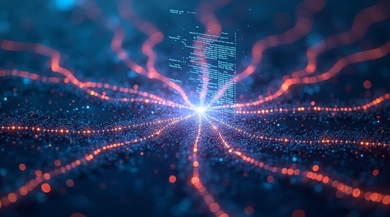 Abstrakcyjna sieć agentów AI w cyfrowym krajobrazie, dążących do centralnego hologramu kodu.