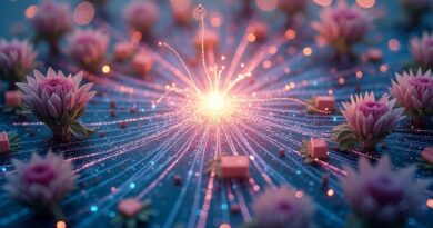 Eteryczna płytka drukowana rozkwitająca cyfrowym ogrodem, symbolizująca ewolucję AI w kodzie.